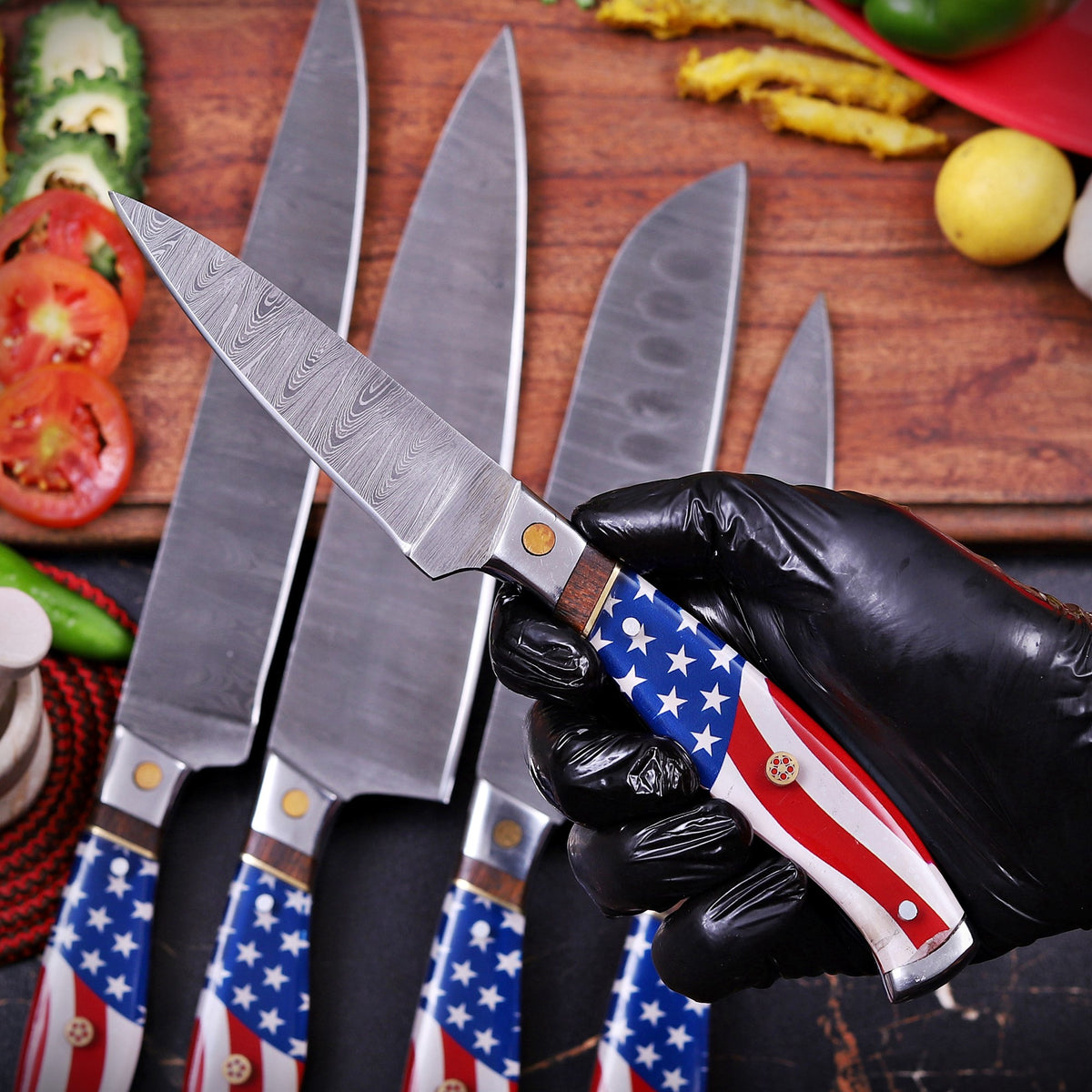 Damascus Chef Knife Set with American Flag Handles
