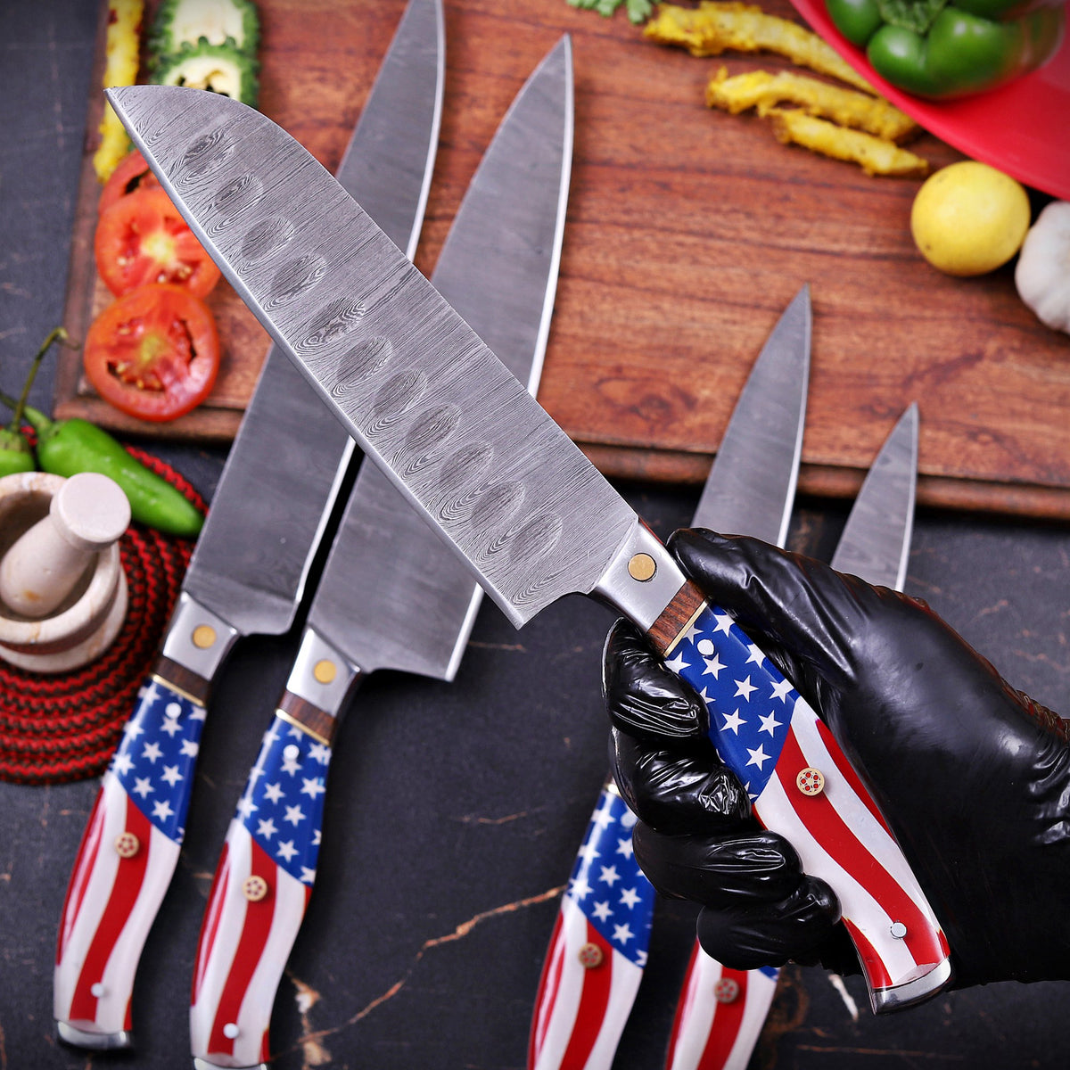 Damascus Chef Knife Set with American Flag Handles