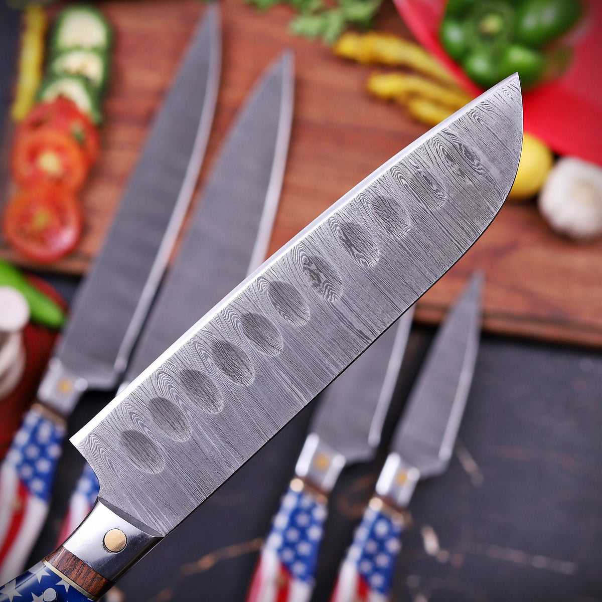 Damascus Chef Knife Set with American Flag Handles