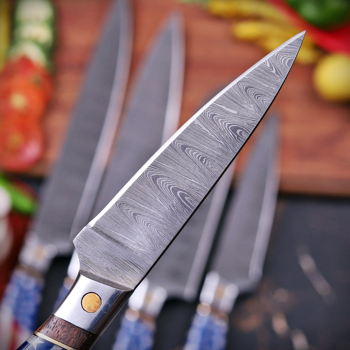 Damascus Chef Knife Set with American Flag Handles