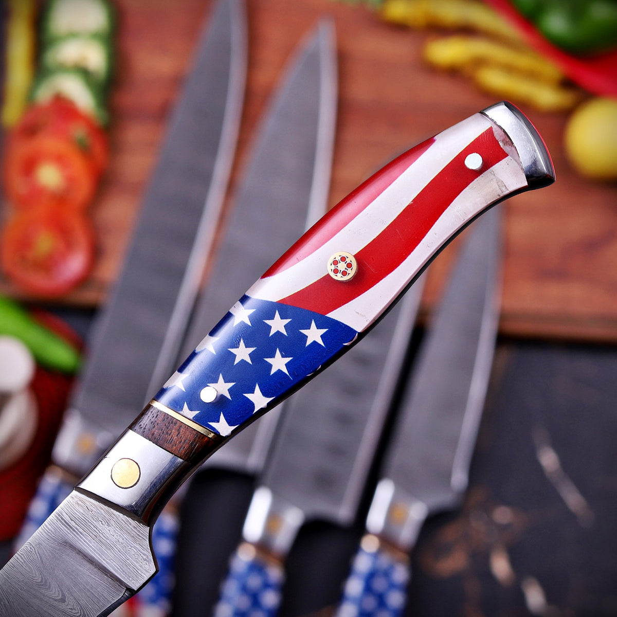 Damascus Chef Knife Set with American Flag Handles