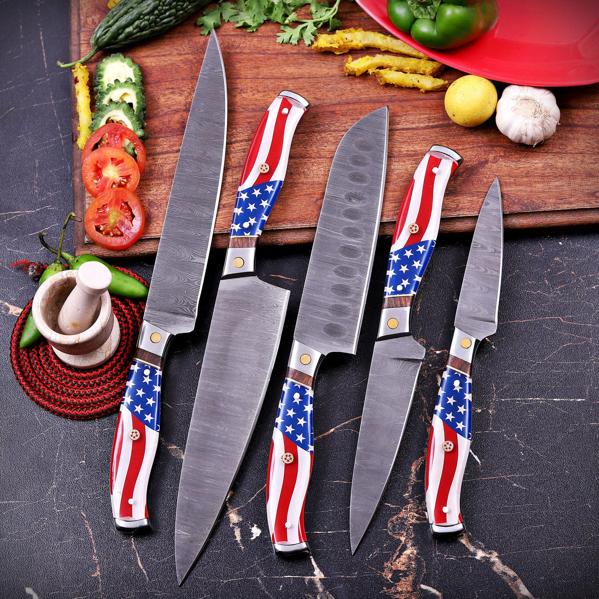 Damascus Chef Knife Set with American Flag Handles