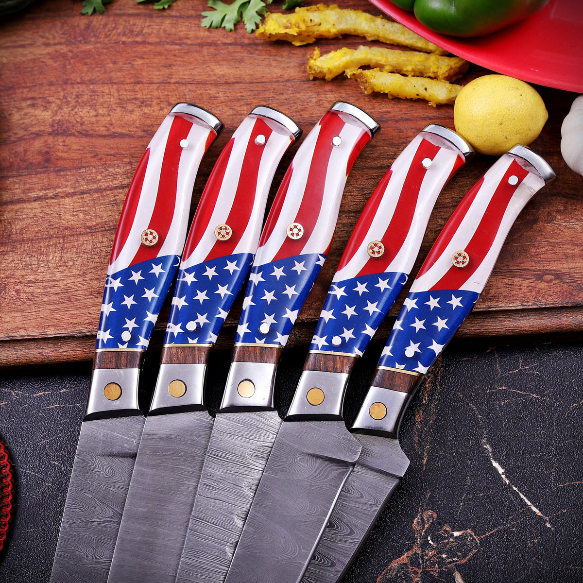 Damascus Chef Knife Set with American Flag Handles