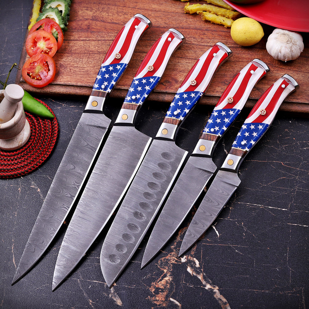 Damascus Chef Knife Set with American Flag Handles