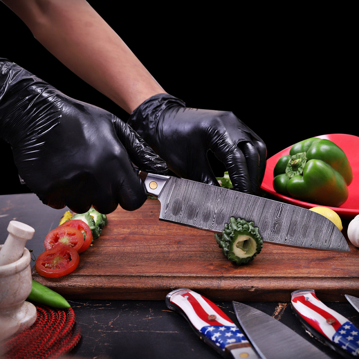 Damascus Chef Knife Set with American Flag Handles