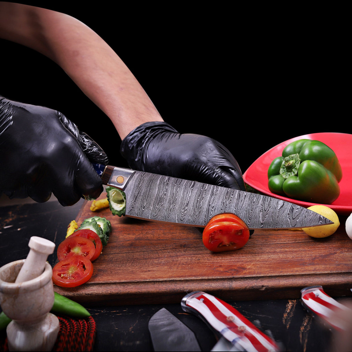 Damascus Chef Knife Set with American Flag Handles