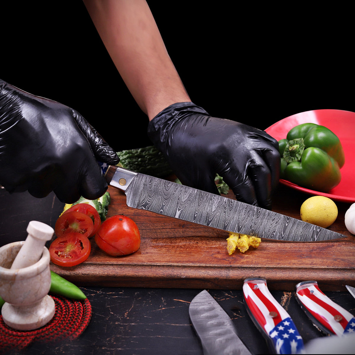 Damascus Chef Knife Set with American Flag Handles