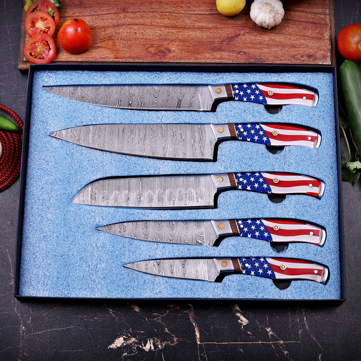 Damascus Chef Knife Set with American Flag Handles