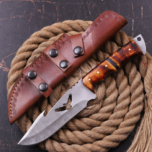 Damascus Eagle Design Knife Camel Bone & Wood Fiber Handle