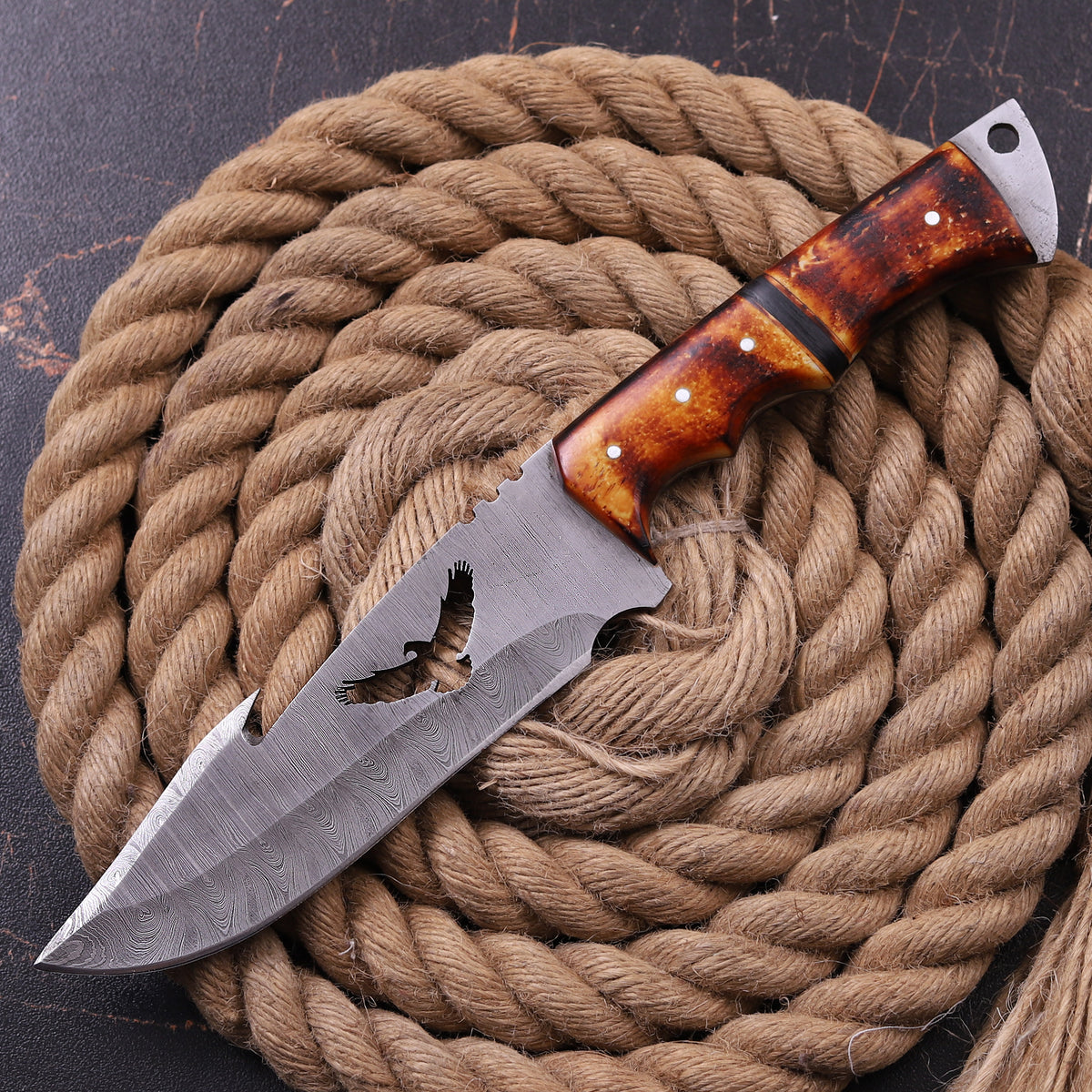 Damascus Eagle Design Knife Camel Bone & Wood Fiber Handle