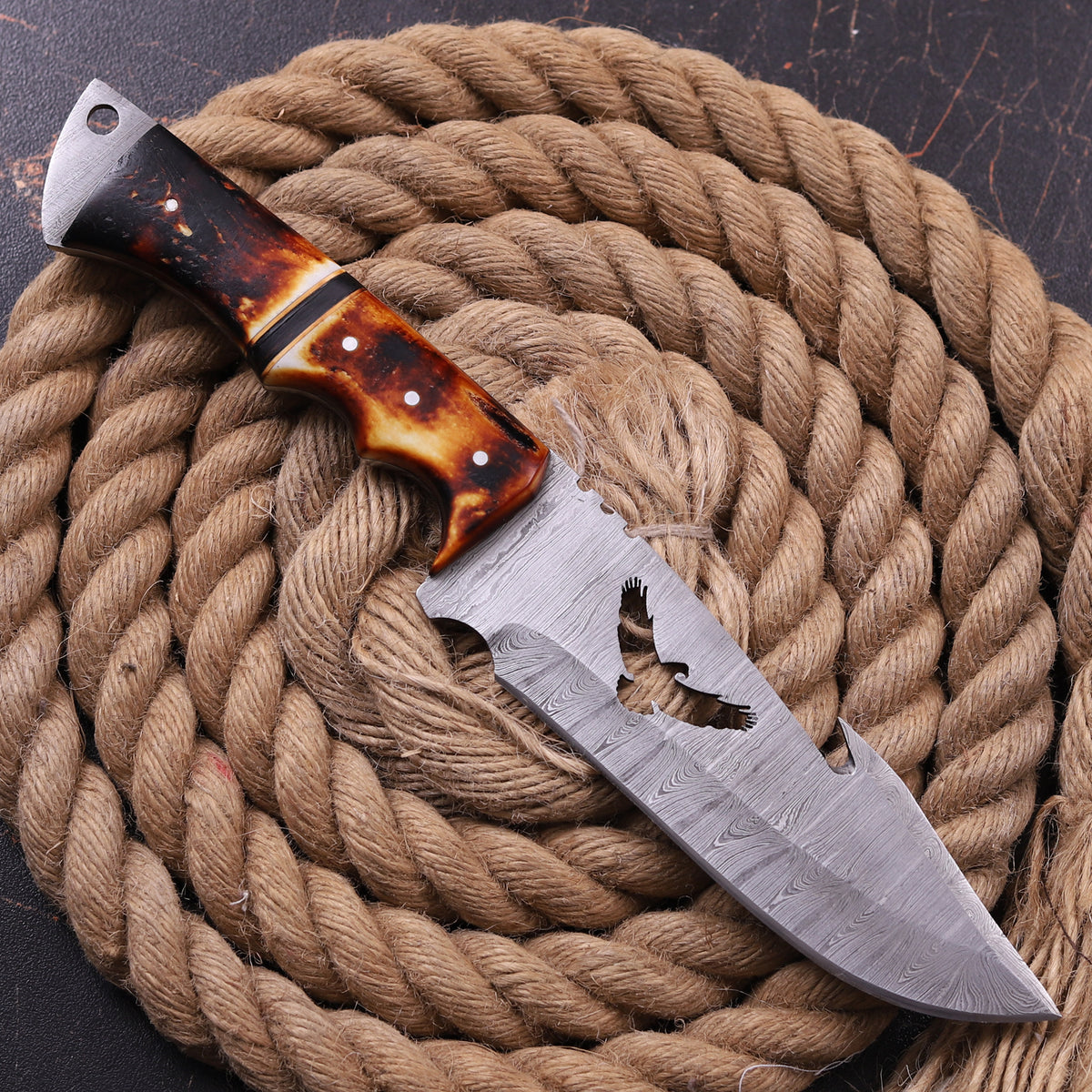 Damascus Eagle Design Knife Camel Bone & Wood Fiber Handle