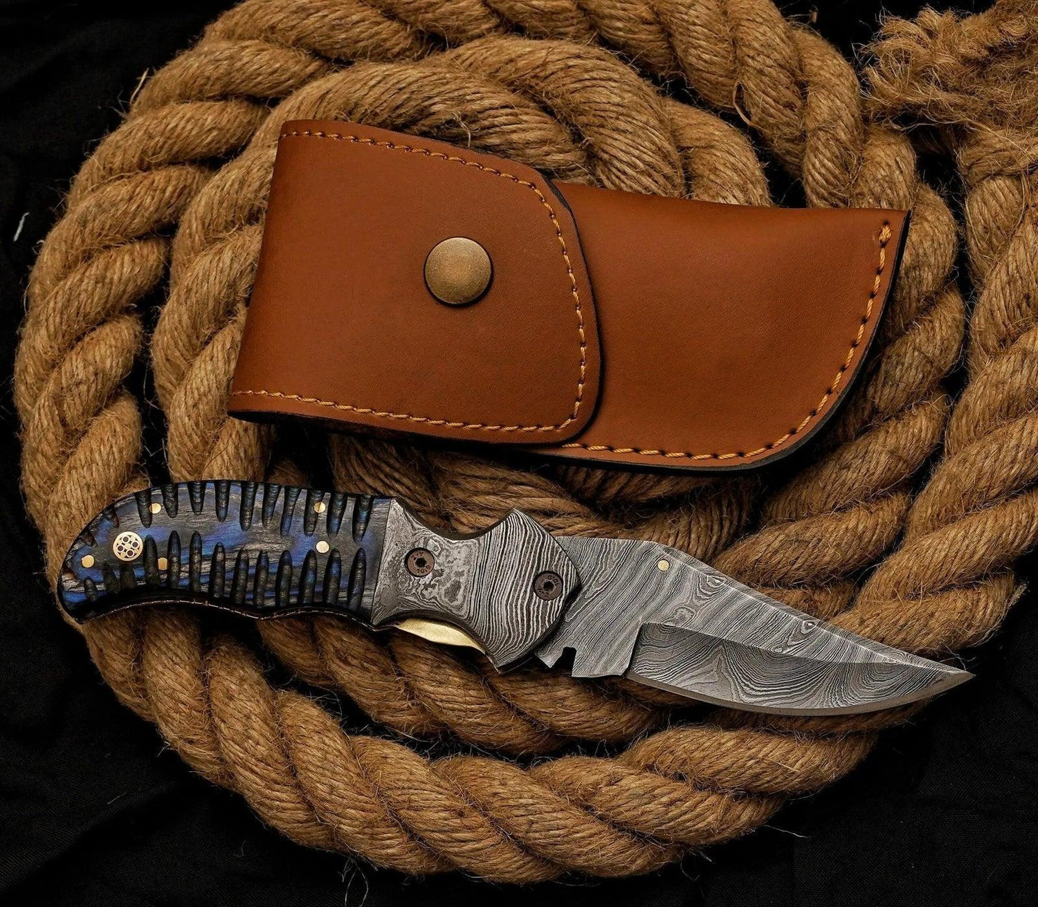 Custom handmade Damascus Steel Pocket Knife-Damascus Exotic Wood Mosaic Pin & Damascus Bolster - Damascus Kings