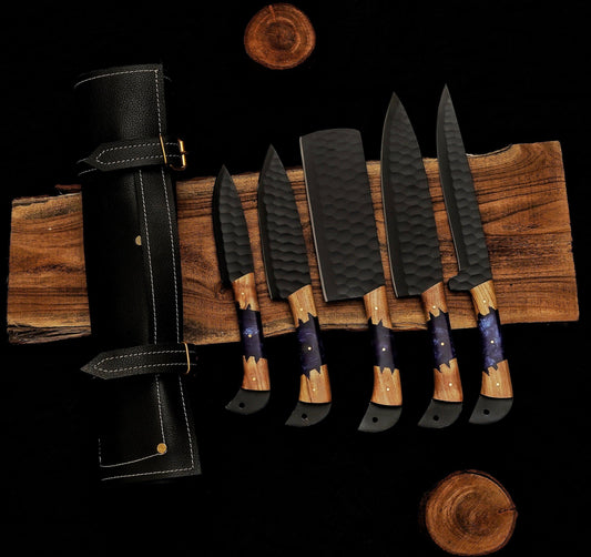5 Piece Handmade Damascus Knives Chef Set, Kitchen knives set, Steel knife set with leather Sheath - Damascus Kings