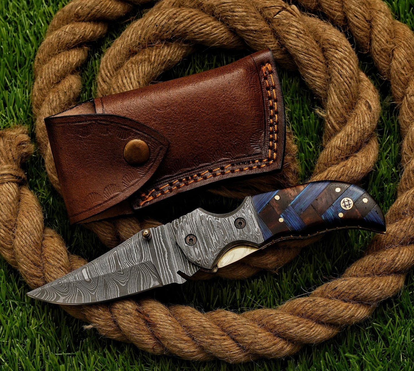 Custom Hand Forged Damascus Folding Knife Mosaic Pin Exotic Wood Handle - Damascus Bolster Exquisite Artistry - Damascus Kings