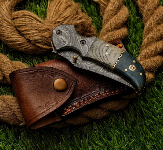 8" Custom handmade Damascus Steel Pocket Knife-Damascus Bolster Folding Knife With Micarta Handle - Damascus Bolster Exquisite Artistry