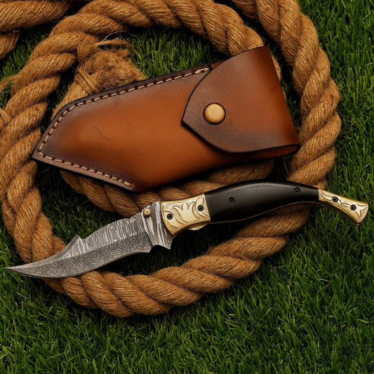 Handmade Damascus Steel Folding Knife, Black Horn Handle