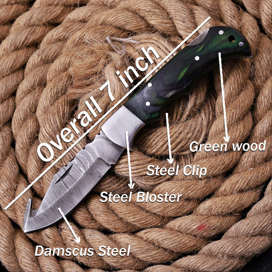 Handmade Damascus Steel Gut Hook Folding Knife Green Wood Handle