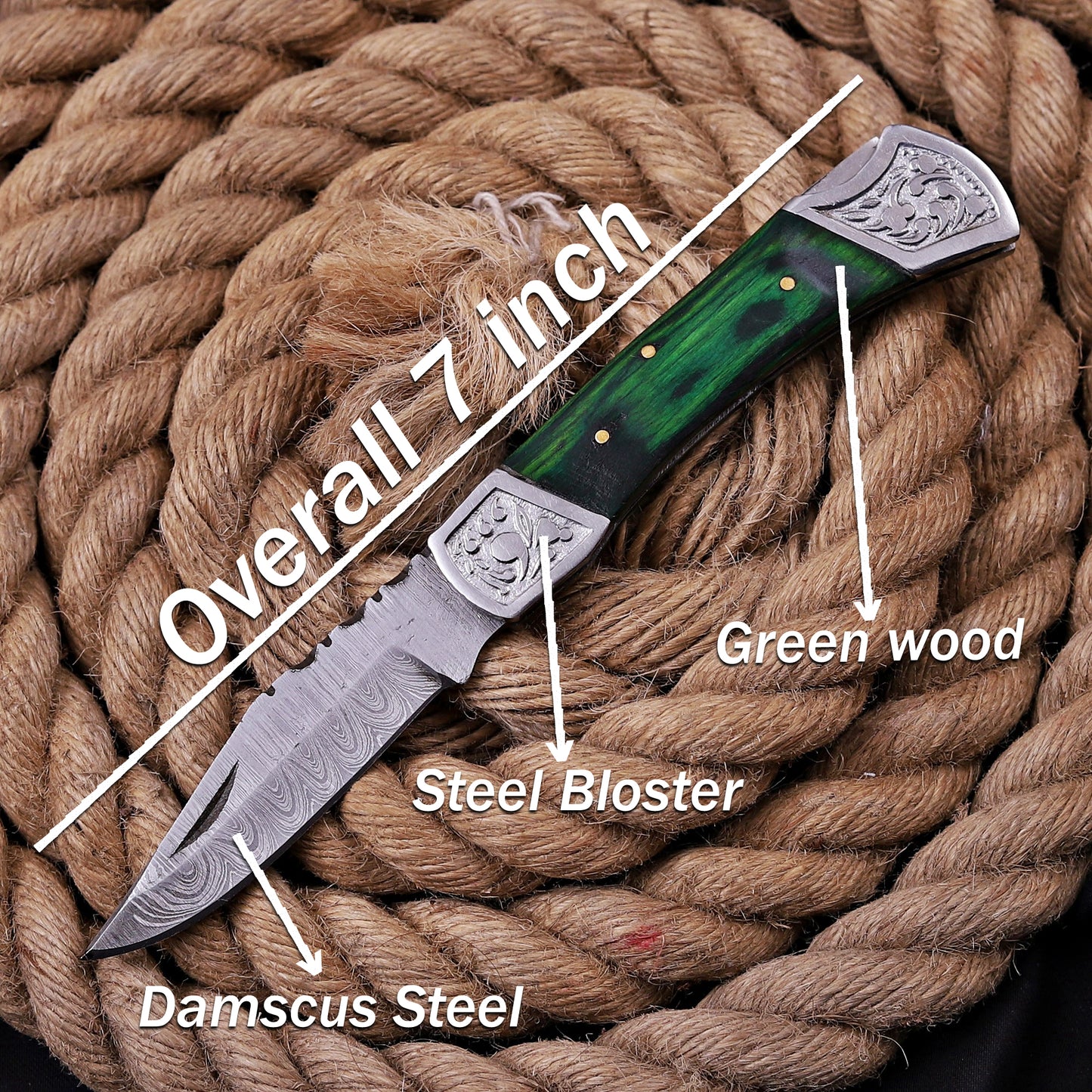 7'' Customs Hand Made Forged Damascus Steel Folding Knife Engraved Steel Bolster Green Wood Handle