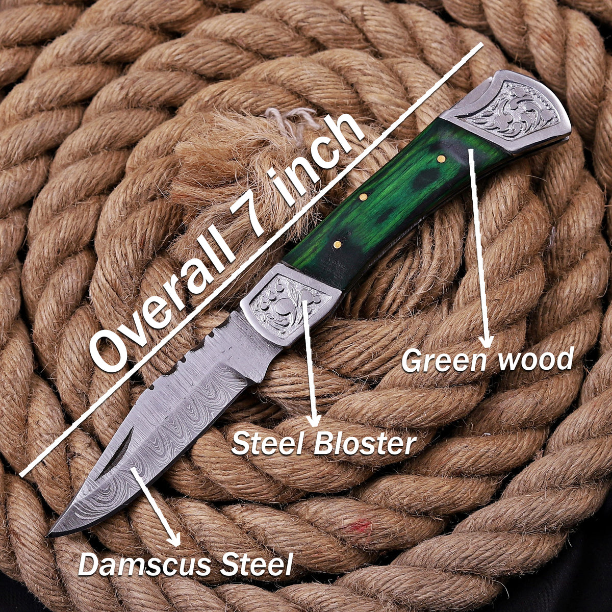 Handmade Damascus Steel Folding Knife | Black Wood Handle & Engraved Bolsters