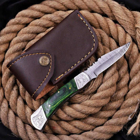 7'' Customs Hand Made Forged Damascus Steel Folding Knife Engraved Steel Bolster Green Wood Handle