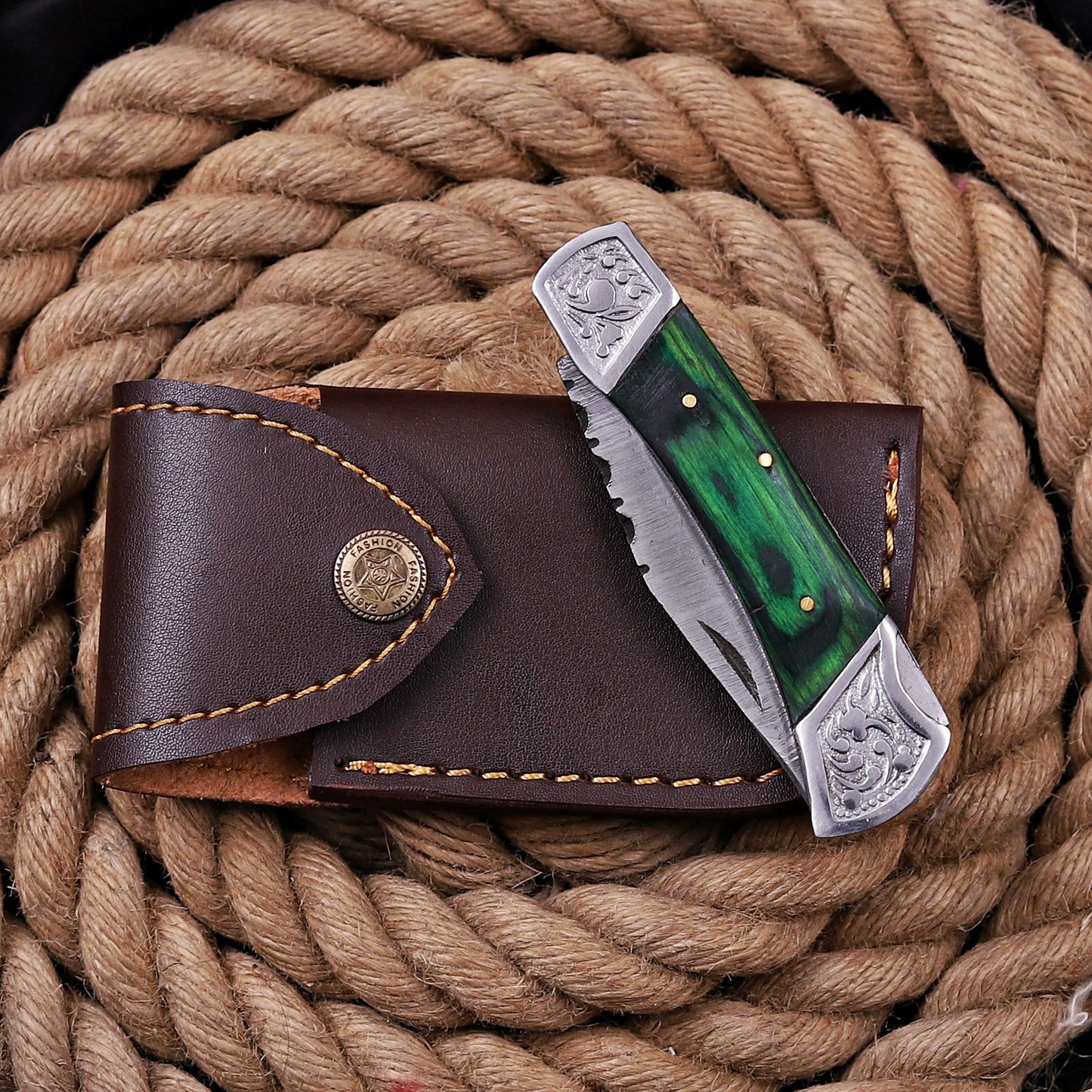 7'' Customs Hand Made Forged Damascus Steel Folding Knife Engraved Steel Bolster Green Wood Handle