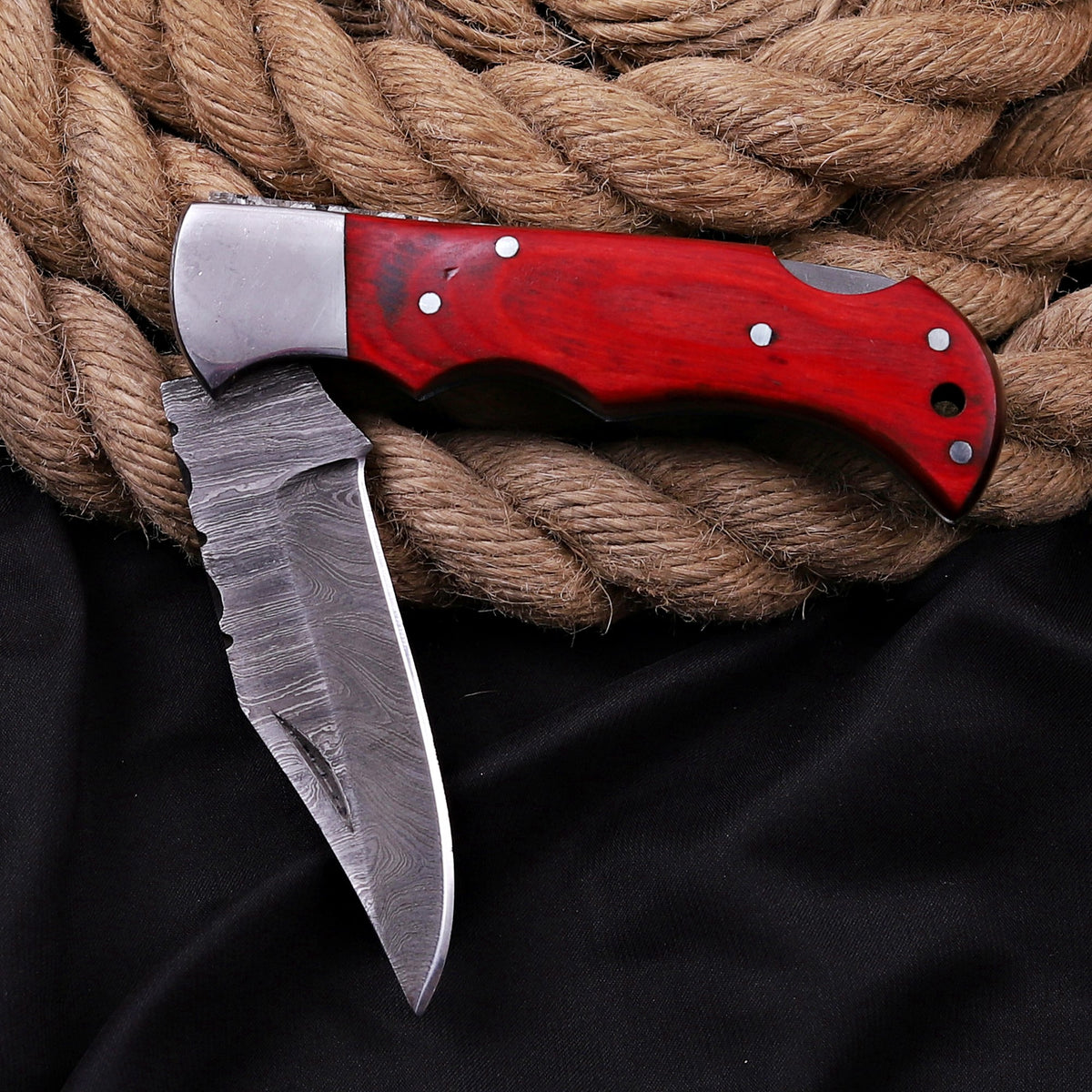Handmade Damascus Steel Folding Knife 7'' Red Exotic Wood Handle Steel Bolster