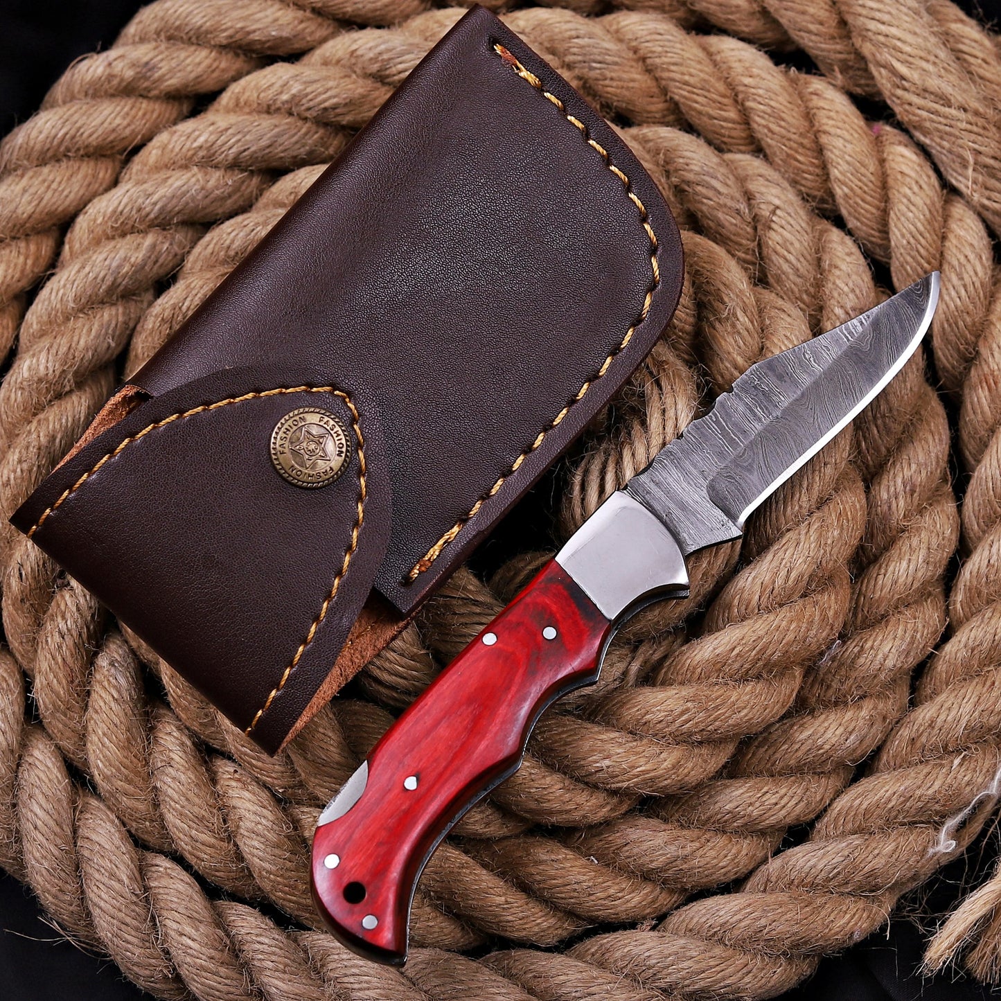 Handmade Damascus Steel Folding Knife 7'' Red Exotic Wood Handle Steel Bolster