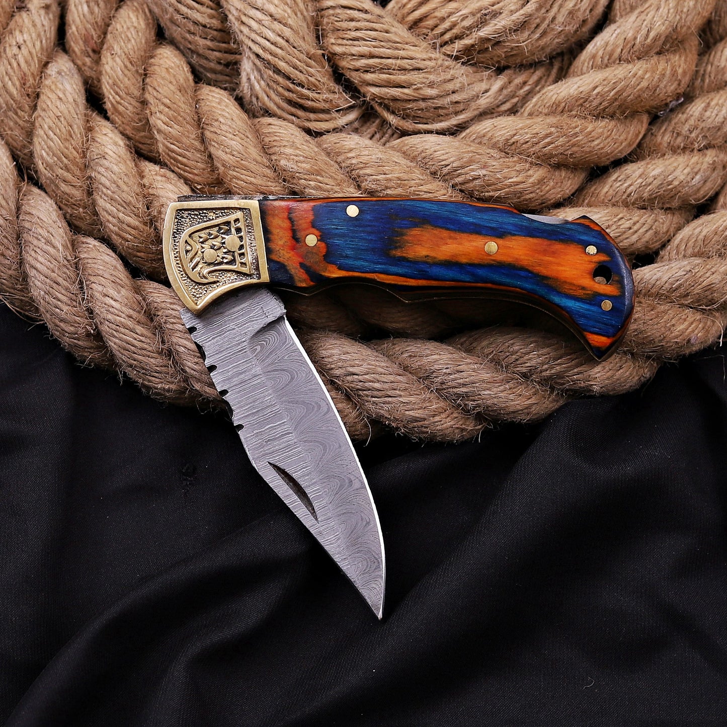 Handmade Damascus Steel Folding Knife Colorful Exotic Wood Handle