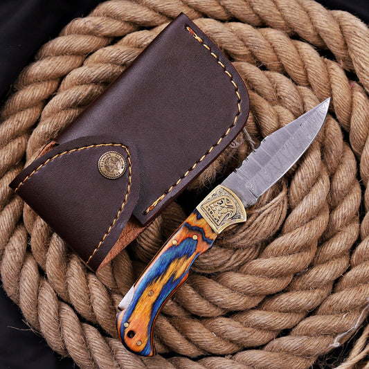 Handmade Damascus Steel Folding Knife Colorful Exotic Wood Handle