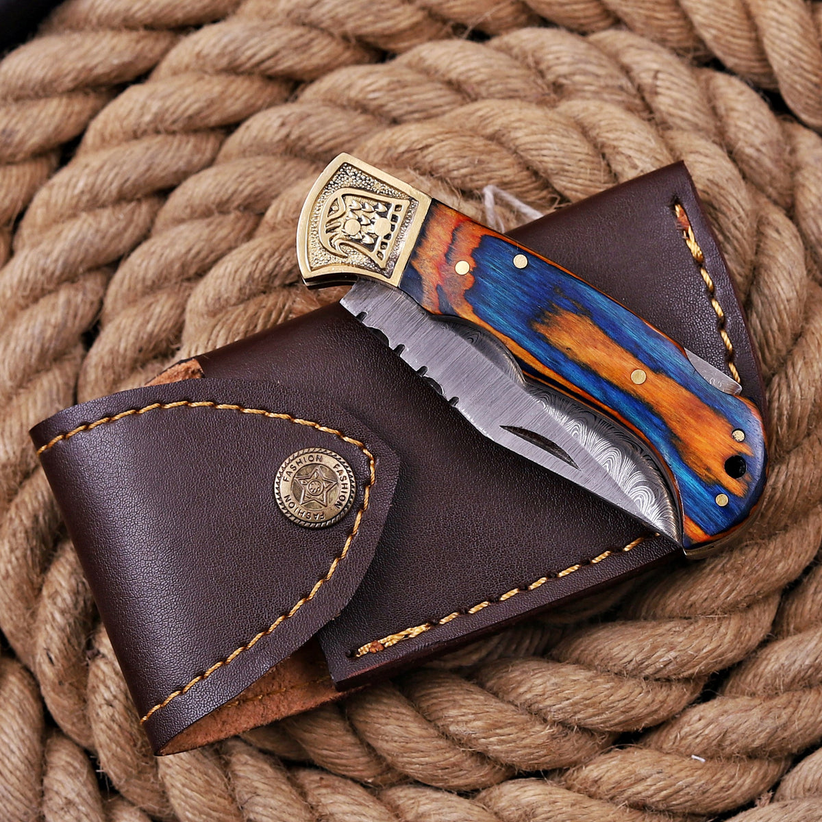 Handmade Damascus Steel Folding Knife Colorful Exotic Wood Handle