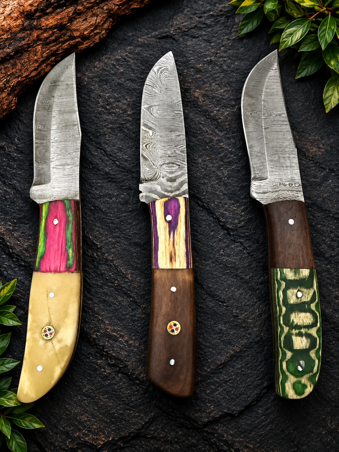 Handmade Damascus Steel 3-Knife Collection Multicolor Handles & Premium Craftsmanship