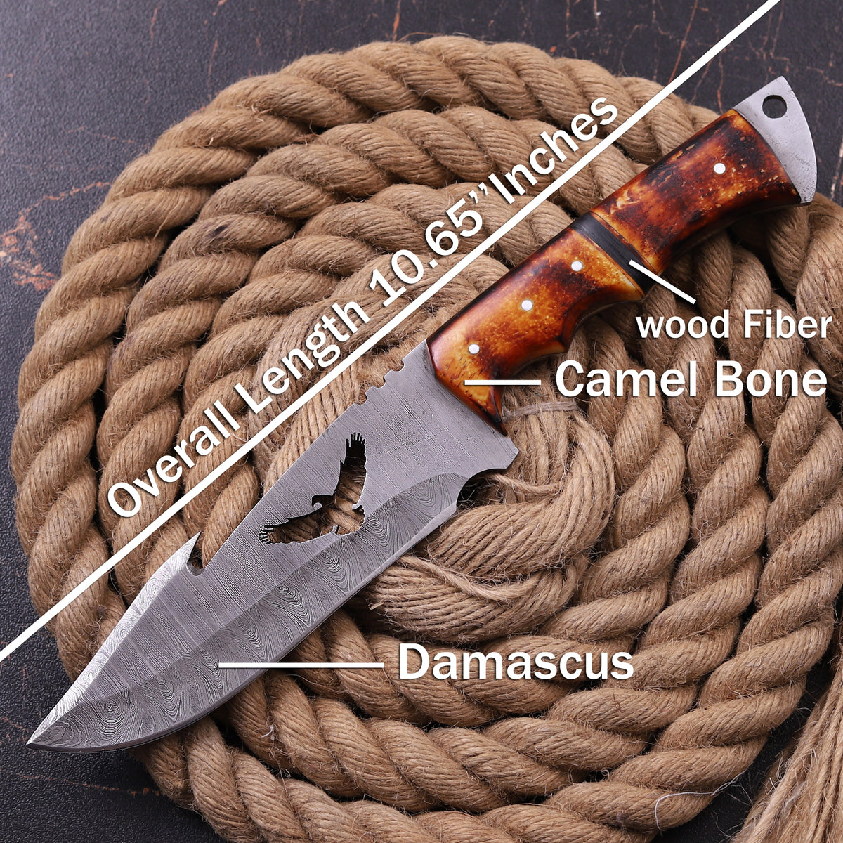 Damascus Eagle Design Knife Camel Bone & Wood Fiber Handle